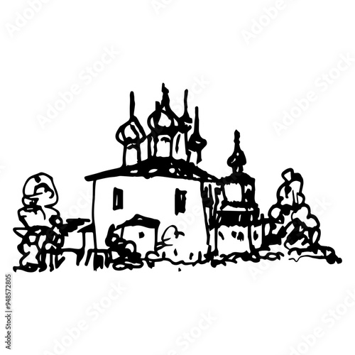 Assumption cathedral of Zheltikov monastery near Tver, Russia. Orthodox temple. Old Russian architecture. Hand drawn linear doodle rough sketch. Black and white silhouette.