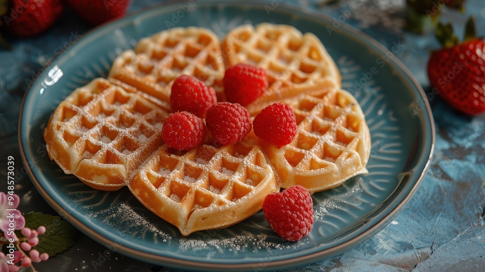 Delicious heart-shaped waffles with fresh raspberries for a romantic Valentine's Day breakfast Delicious heart-shaped waffles with fresh raspberries for a romantic Valentine's Day breakfast