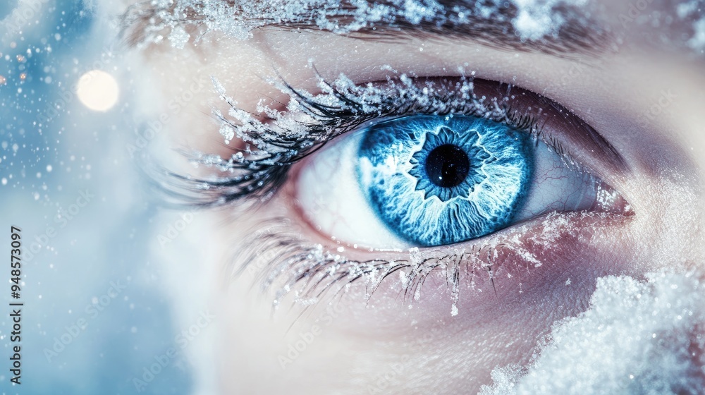 Close-up of a Blue Eye Covered in Snowflakes Close-up of a Blue Eye Covered in Snowflakes
