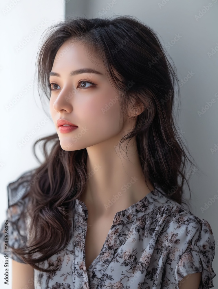 A woman with long brown hair wearing a floral shirt A woman with long brown hair wearing a floral shirt