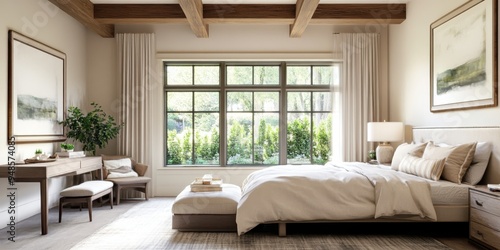 modern bedroom, minimalist design, neutral tones, large windows, natural light, wooden beams, cozy bedding, stylish decor, serene ambiance, comfortable seating, soft rug, wall art, contemporary furnis