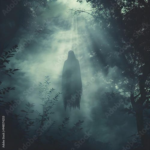 Ghostly Apparition in a Foggy Forest: A Hauntingly Beautiful Encounter Under the Moonlight in an Ethereal Landscape