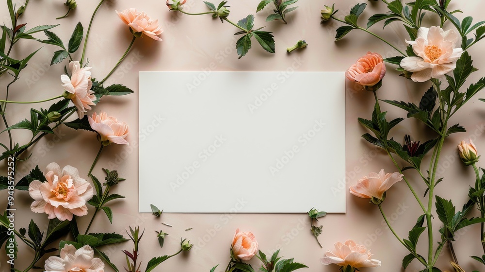 Flat lay of a blank white invitation card surrounded by delicate flowers on a light background Flat lay of a blank white invitation card surrounded by delicate flowers on a light background