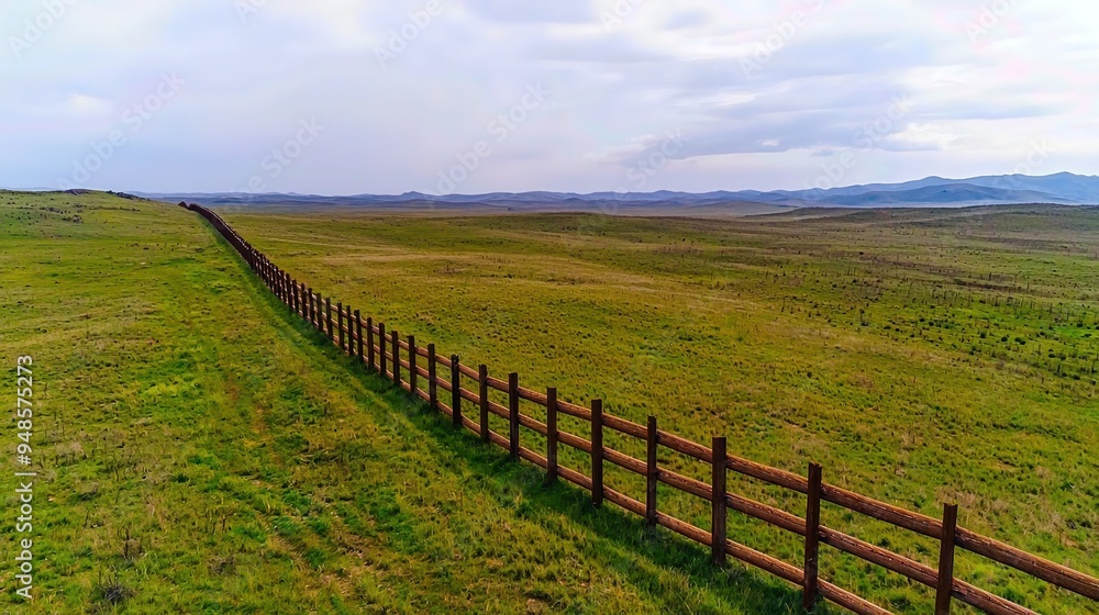 Fototapeta premium A vast green landscape with a wooden fence stretching across the horizon under a cloudy sky, perfect for nature and scenery themes.