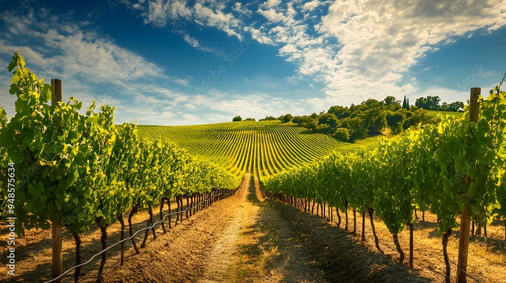 186. **A view of a vineyard with rows of grapevines and a sunny sky. 186. **A view of a vineyard with rows of grapevines and a sunny sky.