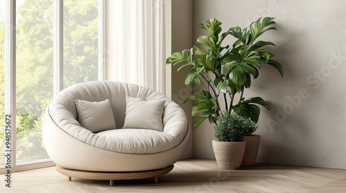 cozy modern living room, comfortable round chair, indoor plants, natural light, minimalistic decor, soft neutral tones, wooden floor, large window, peaceful atmosphere, potted greenery, relaxing space