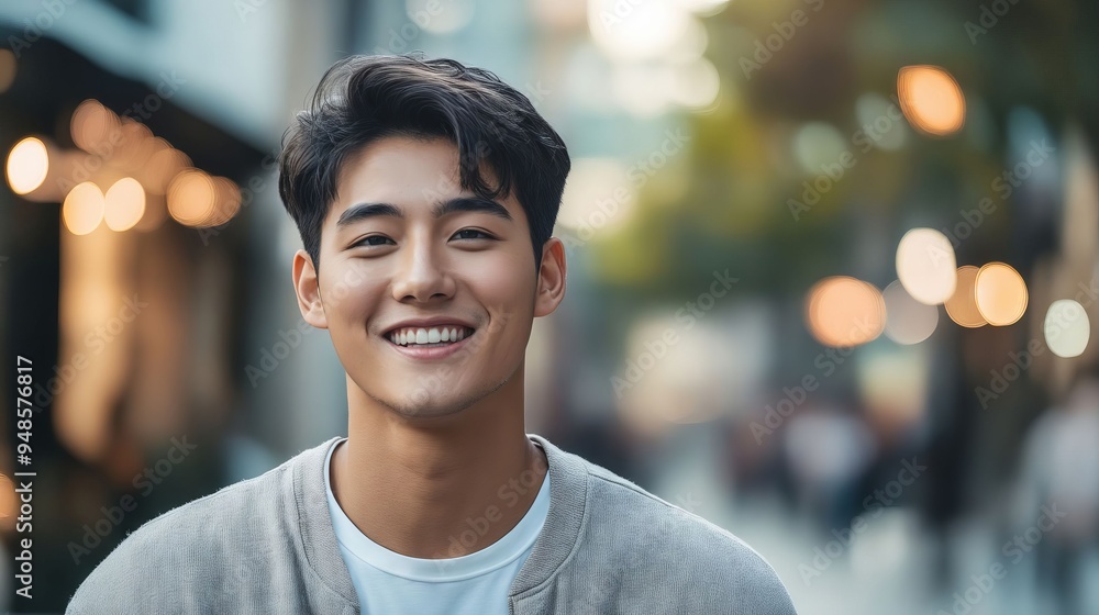 A young man smiles at the camera while walking down the street A young man smiles at the camera while walking down the street