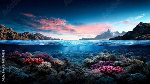 Astonishing Underwater Coral Reef at Dusk Time photo