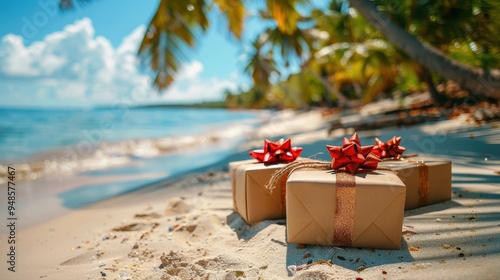 Fototapeta Naklejka Na Ścianę i Meble -  Festive gifts and presents on a tropical beach for a unique Christmas holiday vacation