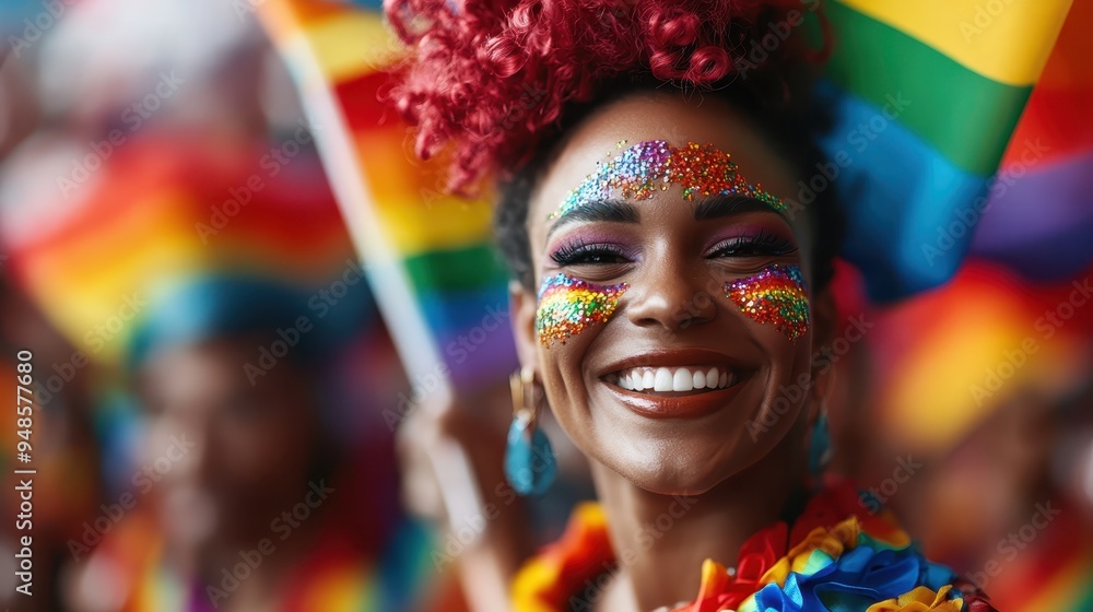 A joyful woman is seen glowing with sparkling rainbow makeup and bold accessories, happily waving rainbow flags at a colorful celebration event expressing festive pride. A joyful woman is seen glowing with sparkling rainbow makeup and bold accessories, happily waving rainbow flags at a colorful celebration event expressing festive pride.