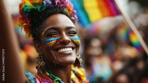 A cheerful woman, adorned with rainbow glitter on her face, beams with happiness, celebrating in a color-rich event, showcasing a prideful and lively atmosphere.