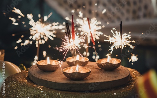 Bright Diya Lamps with Sparkler Background photo