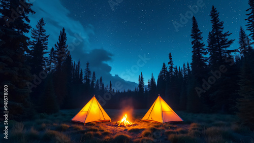 bright camping tent at night in the mountains