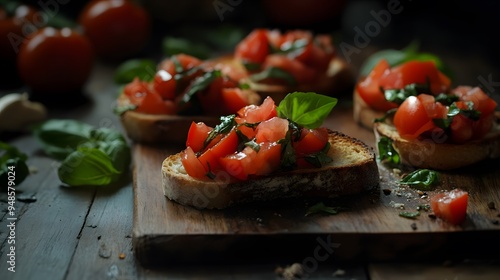 Bruschetta with tomatoes, basil, and oil on a wooden board against a dark background. Italian food concept.