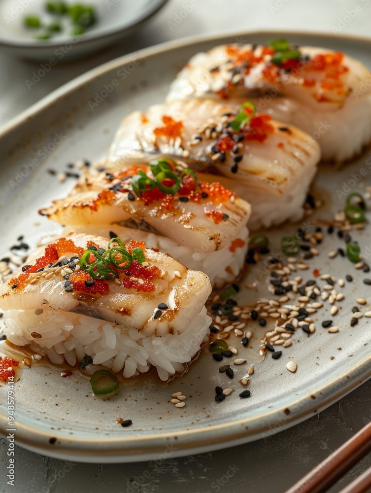 Close-Up of Delicious Sushi Rolls with White Fish and Toppings Close-Up of Delicious Sushi Rolls with White Fish and Toppings