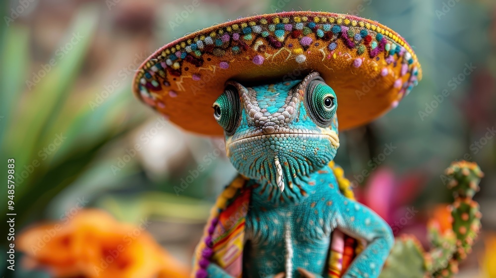 A cute chameleon in a sombrero celebrating Cinco de Mayo festively dressed with vibrant colors A cute chameleon in a sombrero celebrating Cinco de Mayo festively dressed with vibrant colors