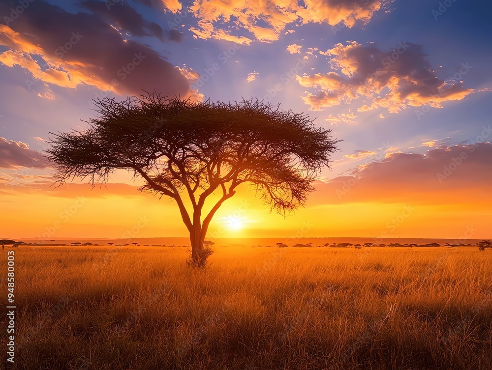 solar power Wind Energy, A wide-open savannah with acacia trees and a dramatic sunset, African nature landscape solar power Wind Energy, A wide-open savannah with acacia trees and a dramatic sunset, African nature landscape