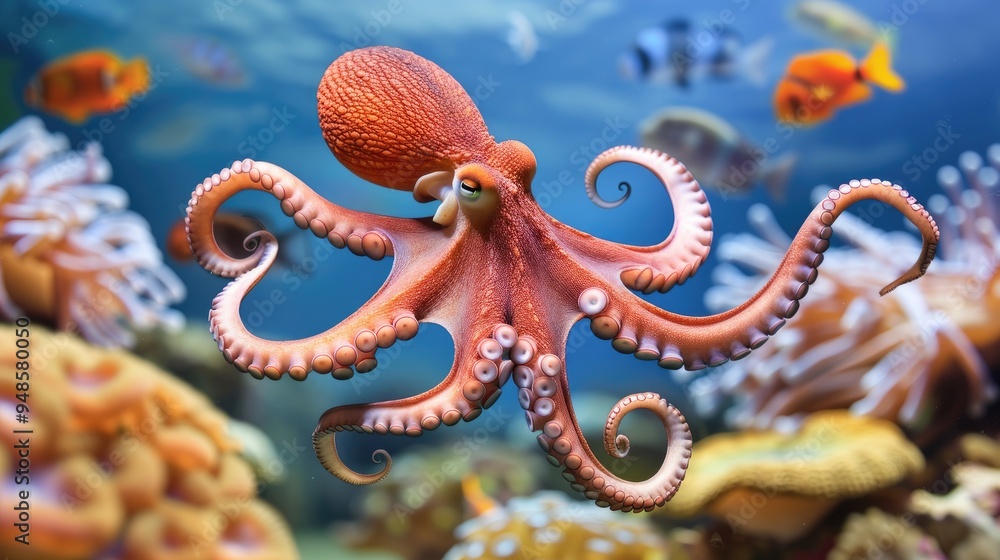 Fototapeta premium A vibrant octopus gracefully swims among colorful corals and tropical fish in a stunning underwater paradise