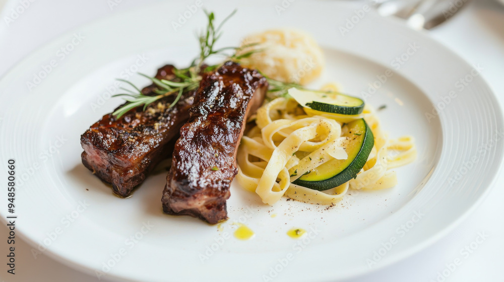 Simple and elegant white plate featuring ribs, zucchini, and pasta in a minimalist style Simple and elegant white plate featuring ribs, zucchini, and pasta in a minimalist style