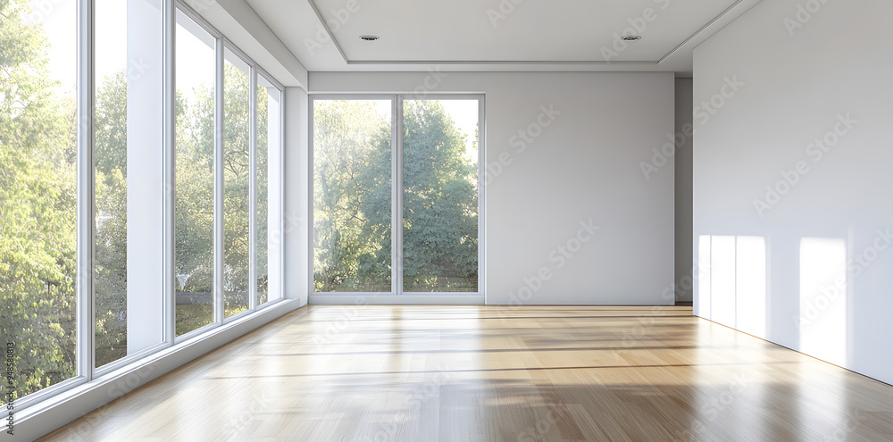 Obraz premium Empty High Ceiling Room with White Big Windows, Wooden Floor and White Walls interior design mock up