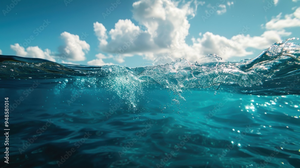 Obraz premium Underwater view of turquoise ocean water with bubbles and blue sky.