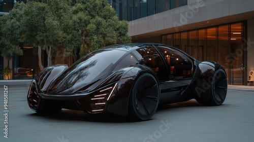 A sleek, futuristic black luxury car with an advanced design, parked at a modern residence, highlighting its innovative and high-tech features.