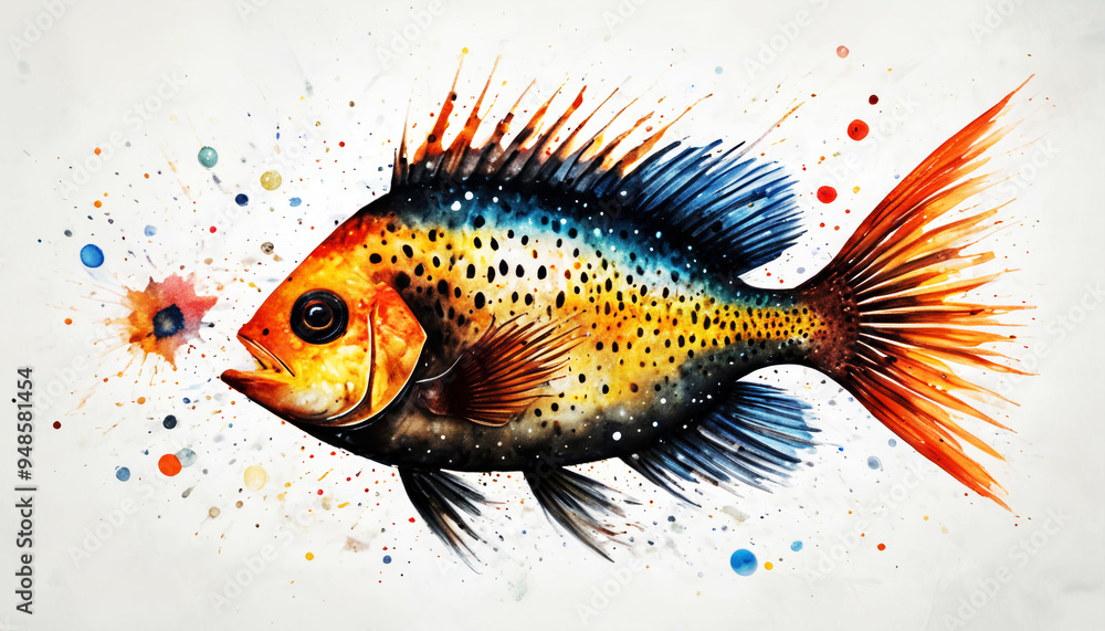 Painting of a fish with body spots, black body and orange tail, on a white background Painting of a fish with body spots, black body and orange tail, on a white background