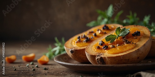 Roasted butternut squash with herbs on rustic plate.