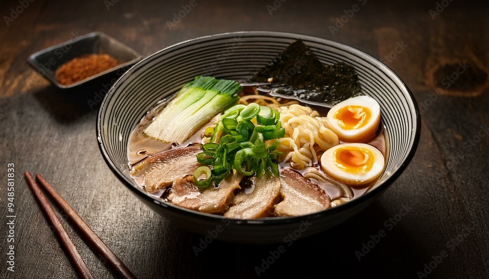 A close-up of a beautifully arranged bowl of ramen soup A close-up of a beautifully arranged bowl of ramen soup