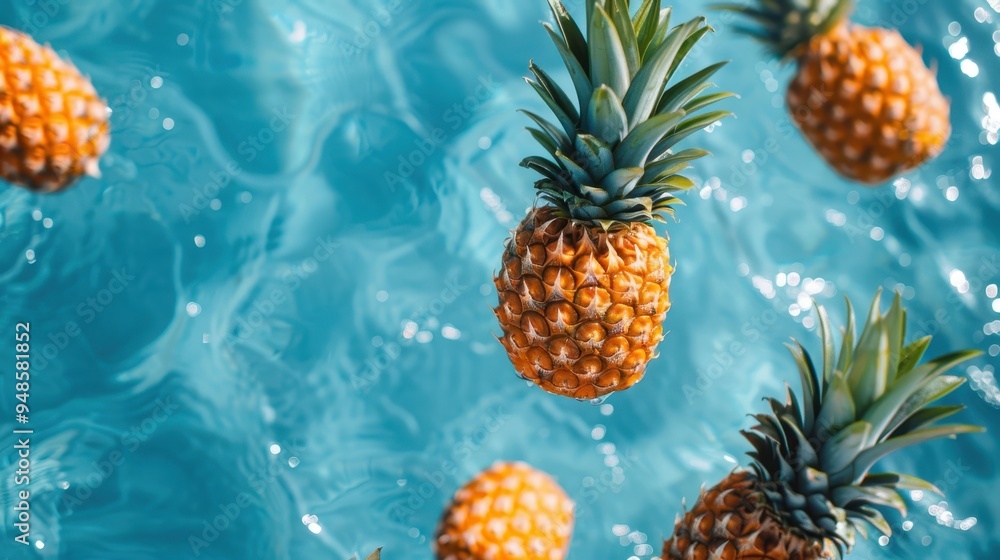 Fototapeta premium Pineapples floating in a bright summer swimming pool viewed from above