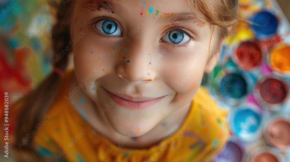 A close-up portrait of a cheerful little girl with a palette of multicolored watercolor paints A close-up portrait of a cheerful little girl with a palette of multicolored watercolor paints
