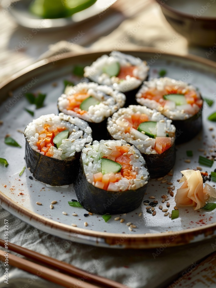 Fresh Salmon Sushi Rolls with Cucumber and Ginger Fresh Salmon Sushi Rolls with Cucumber and Ginger
