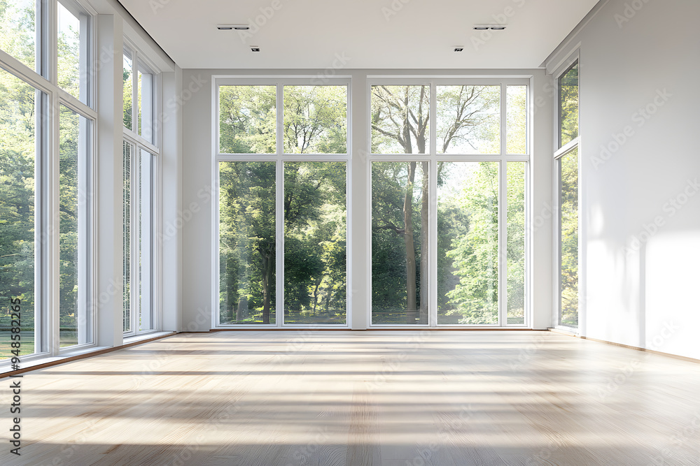 Empty High Ceiling Room with White Big Windows, Wooden Floor and White Walls interior design mock up Empty High Ceiling Room with White Big Windows, Wooden Floor and White Walls interior design mock up