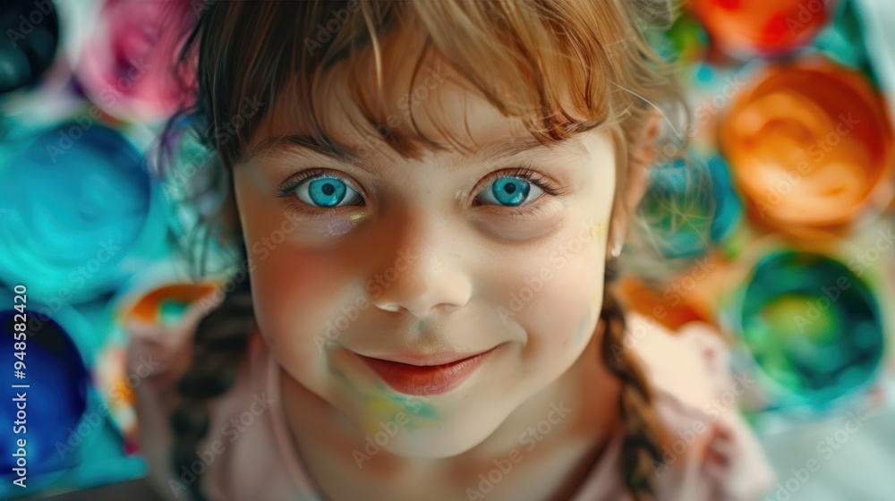 A close-up portrait of a cheerful little girl with a palette of multicolored watercolor paints A close-up portrait of a cheerful little girl with a palette of multicolored watercolor paints
