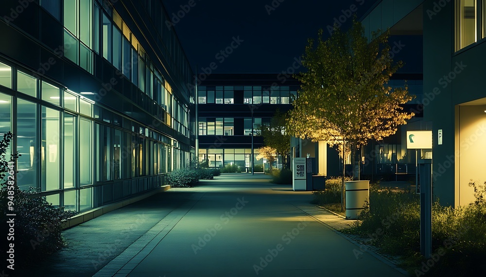 Crisp Night at Business Park with Illuminated Buildings and Silent Paths, Peaceful Yet Powerful Atmosphere, Photo Realistic Crisp Night at Business Park with Illuminated Buildings and Silent Paths, Peaceful Yet Powerful Atmosphere, Photo Realistic