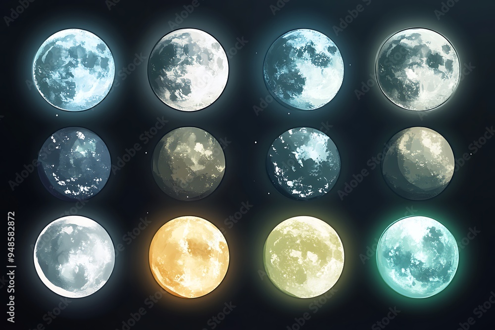Obraz premium Moon Icons in Fantasy Game Style: Celestial Elements in High-Quality Cartoon Art with Soft Glow Effects