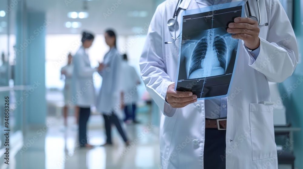 A diverse group of medical staff, including doctors and nurses, intensely examine an X-ray in a modern hospital A diverse group of medical staff, including doctors and nurses, intensely examine an X-ray in a modern hospital