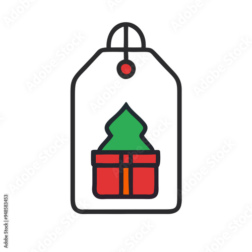 Christmas Gift Tag with Tree and Present Design, Festive Holiday Icon