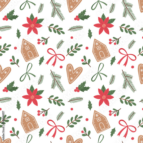 Gingerbread seamless pattern. Festive background with cookies, candies, leaves and berries.