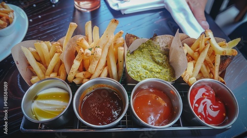 A tray of crispy French fries with various dipping sauces. photo