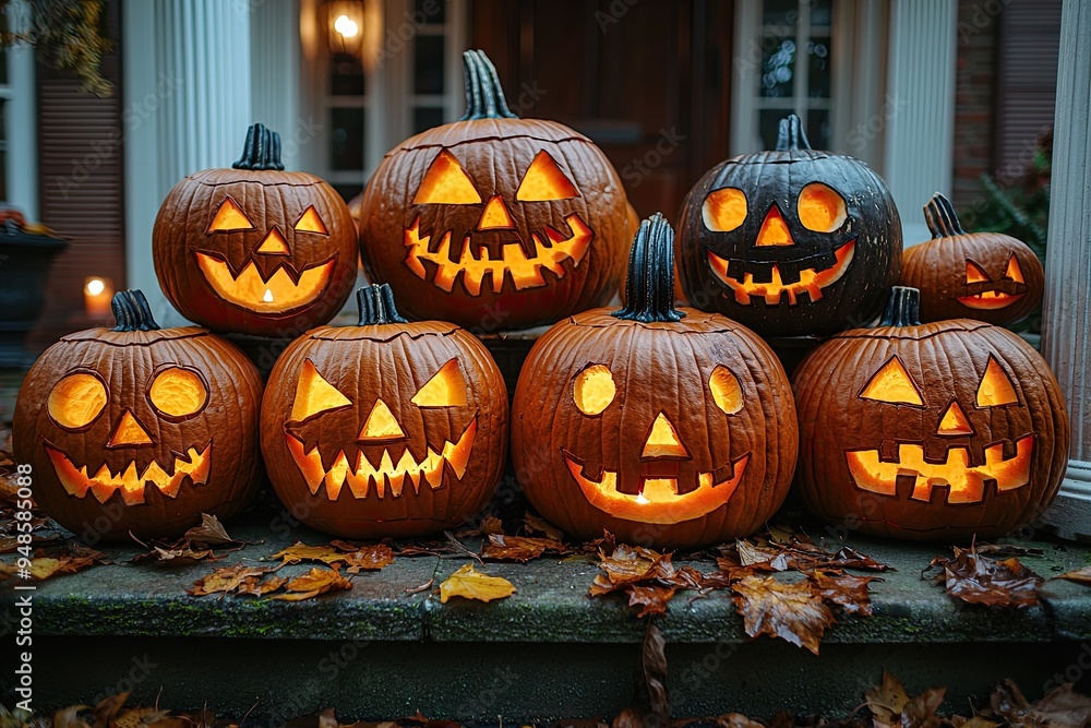 Halloween pumpkins in front of house. Halloween holiday concept. Halloween pumpkins in front of house. Halloween holiday concept.