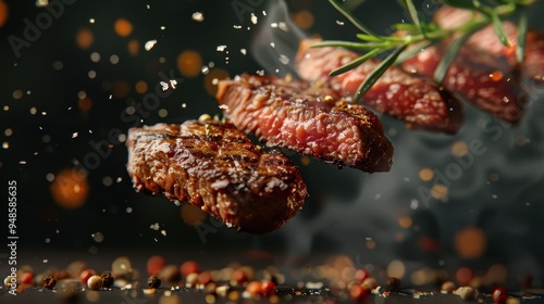 Flying slices of freshly grilled steak with rosemary and spices against a dark background