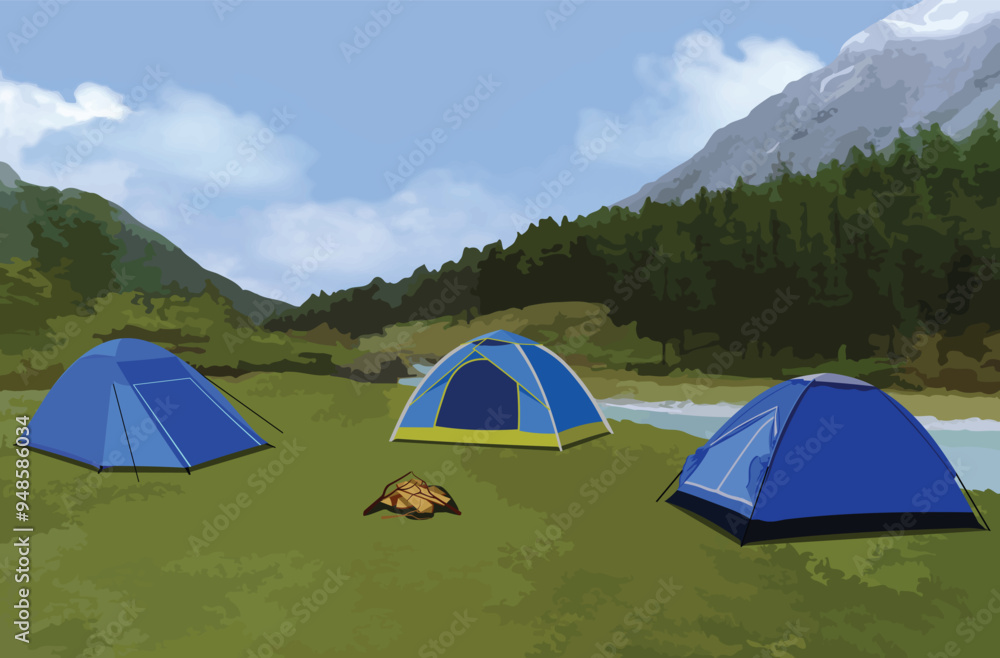 Summer Camp in forest, near clear river, shaded by tall pine trees Summer Camp in forest, near clear river, shaded by tall pine trees