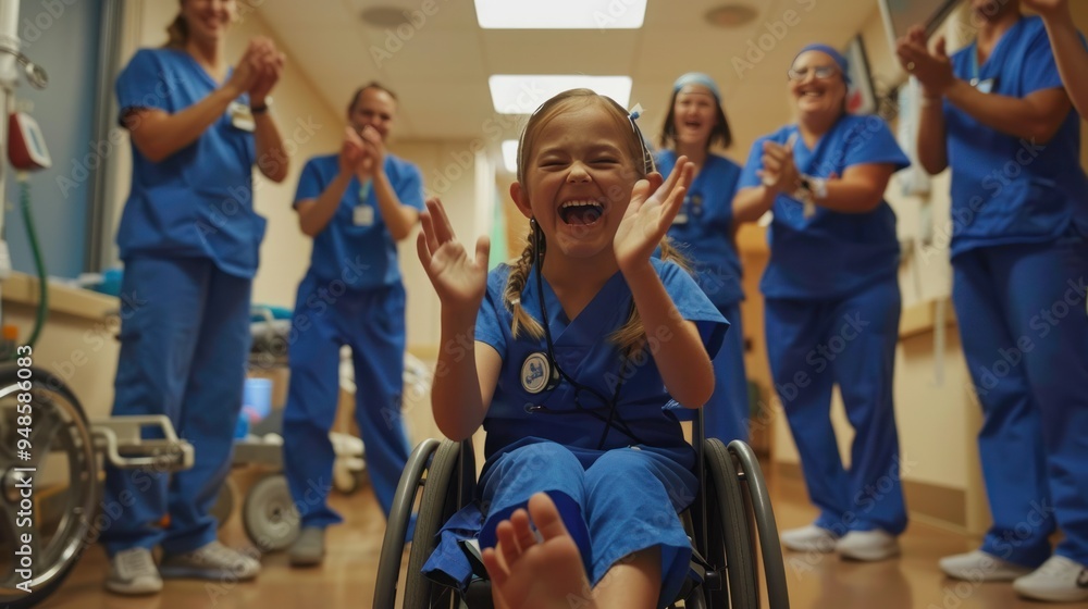 Fototapeta premium A young girl in blue scrubs, sitting in her wheelchair being celebrated in the style of medical staff clapping and smiling at the hospital with doctors standing behind them.