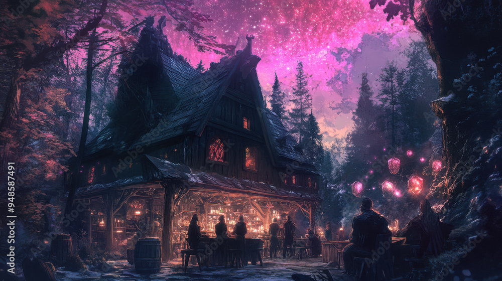 Obraz premium Spooky tavern in a forest with eerie features, pink auroras overhead, dark elf patrons,