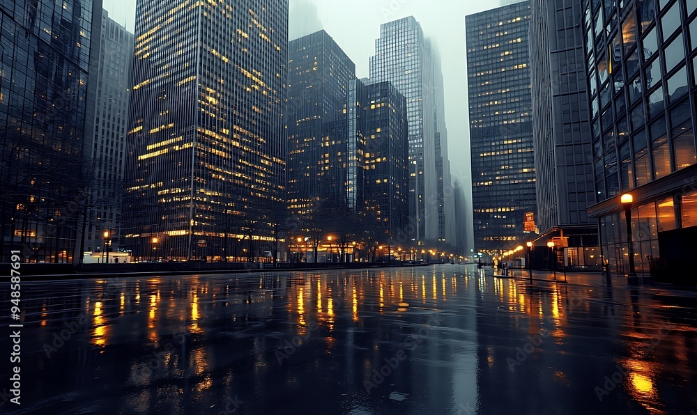 Fototapeta premium Rainy Evening at Empty Business District with Wet Streets and Towering Skyscrapers, Quiet and Reflective Atmosphere, Photo Realistic