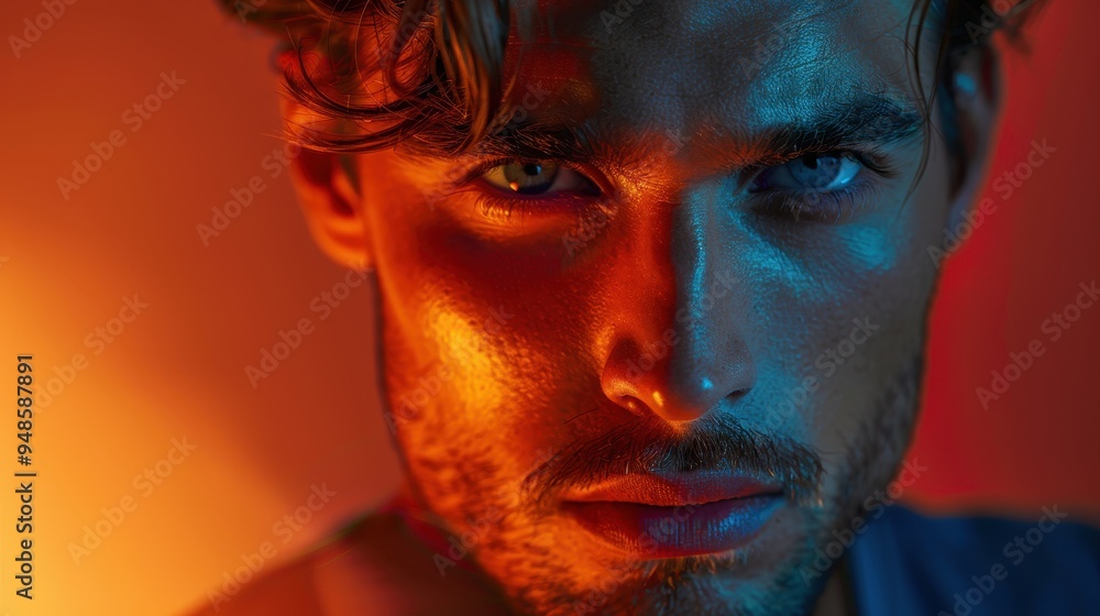 Trendy modern portrait of young man illuminated by creative colored lighting in studio setting Trendy modern portrait of young man illuminated by creative colored lighting in studio setting