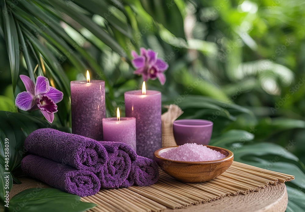 A spa setting with purple candles, bamboo mat, pink salt bowl, and towels arranged on the table A spa setting with purple candles, bamboo mat, pink salt bowl, and towels arranged on the table