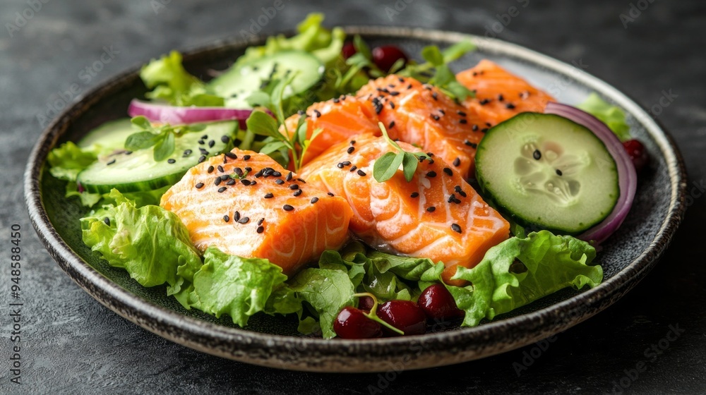A plate of food with salmon, cucumber, and lettuce A plate of food with salmon, cucumber, and lettuce