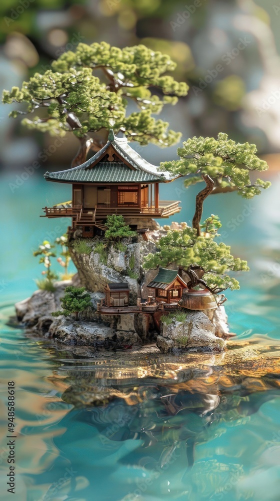 Fototapeta premium Miniature Bonsai Trees and Houses on a Rock in Still Water.
